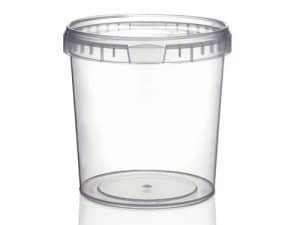 Clear 1000ml tamper-evident container with lid on, made from BPA-free polypropylene. Empty. Shot on white background.