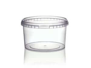 Empty 565ml clear polypropylene container with tamper-evident lid. 122mm top diameter, 70mm tall.