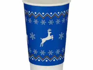 Christmas Hot Drink Cups 16oz Double Wall Matt - Blue Reindeer Design - Case of 500