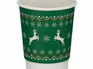 green christmas hot drink cups with snowflake and reindeer design