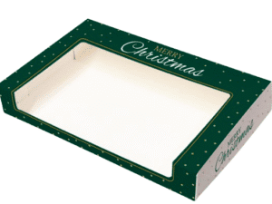Green Christmas mince pie box with clear window showing space for 6 pies, featuring gold star pattern and Merry Christmas text