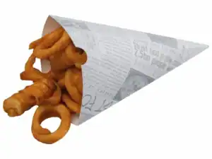 newsprint paper food cone filled with curly fries