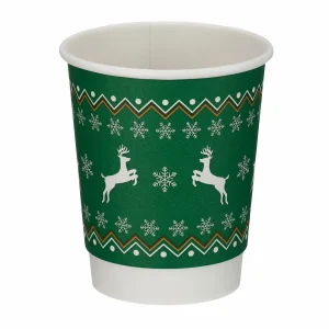 green christmas hot drink cups with snowflake and reindeer design