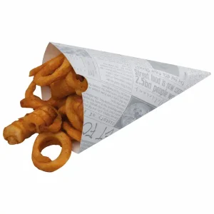 newsprint paper food cone filled with curly fries