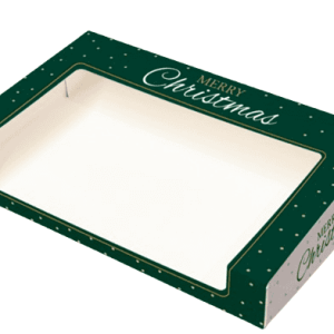 Green Christmas mince pie box with clear window showing space for 6 pies, featuring gold star pattern and Merry Christmas text
