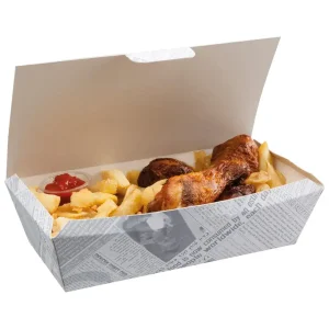 newsprint food box filled with street food