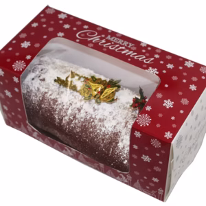 Side view of Christmas log box showing white snowflake pattern panels and Merry Christmas text